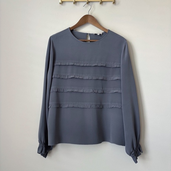 Ann Mashburn Ruffle Silk Blouse XL Grey Long Sleeve - Picture 8 of 8